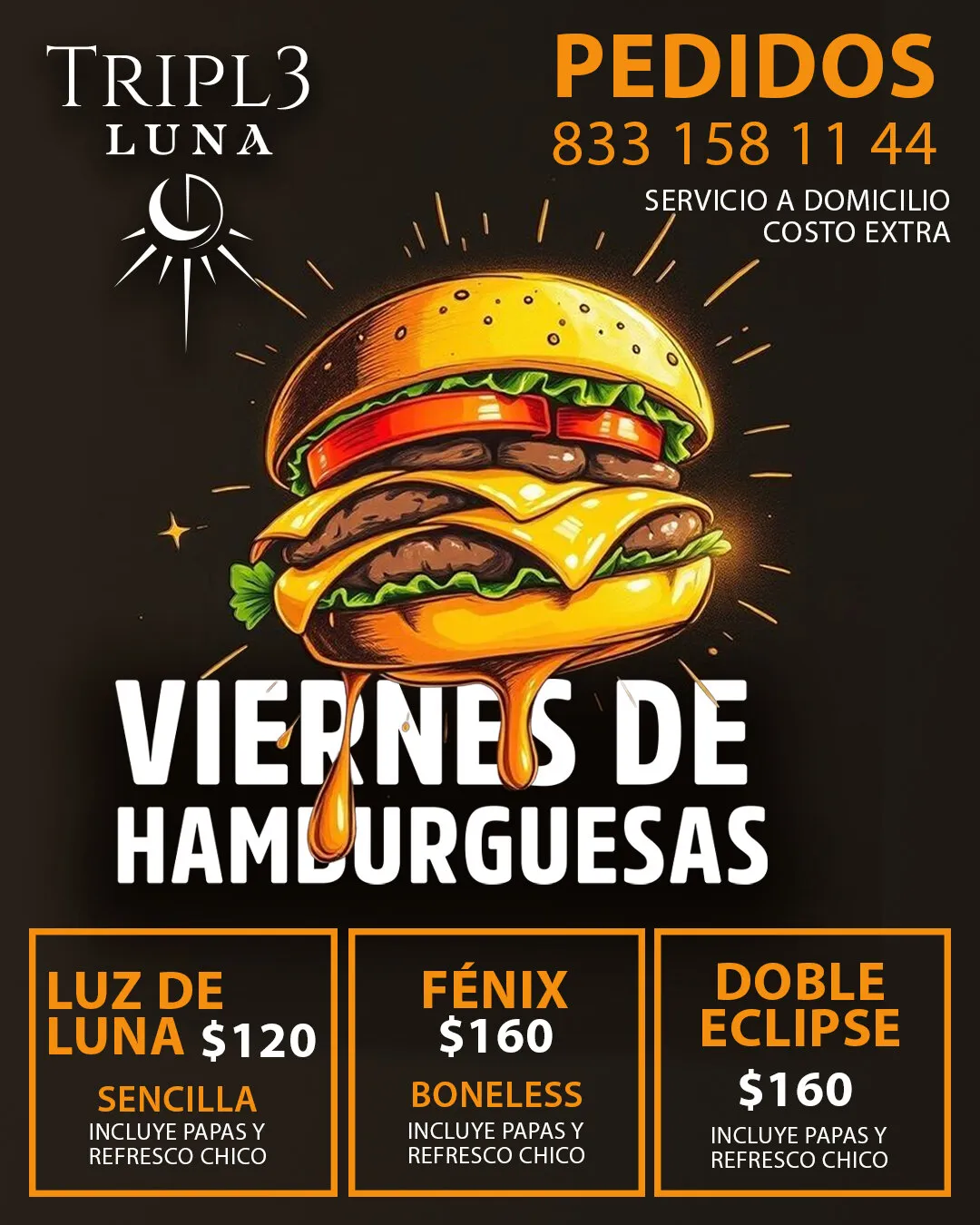 Flyer Viernes de hamburguesas de Tripl3 Luna